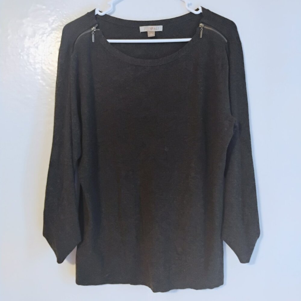 Roz & Ali Black Knit Top Zip Shoulder Detail 3/4 Sleeve XL